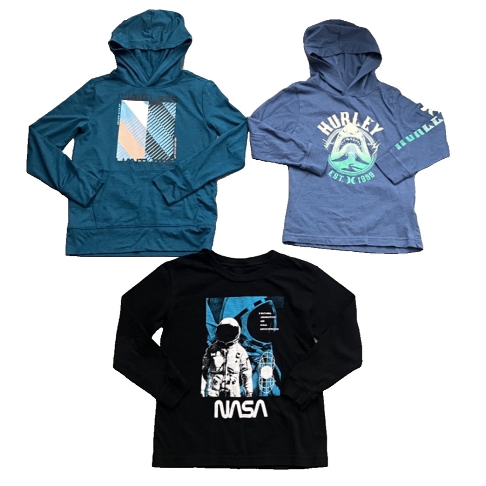 3-Boys Long Sleeve Tops, 2-Hooded Hurley/Runaway 1-NASA Kid Dangerous Size 6/7